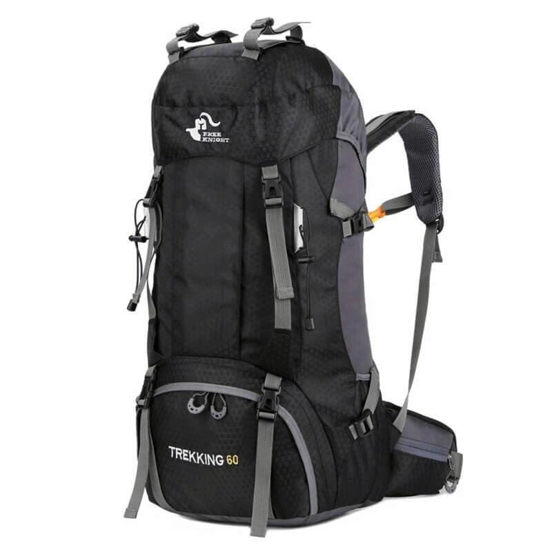Black travel backpack for women and men with 60L capacity, waterproof material, ergonomic design, rain cover included.